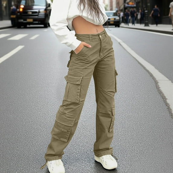 HongQid High Waisted Cargo Pants for Women Baggy Y2k Straight Wide Leg Pants with Pockets Streetwear