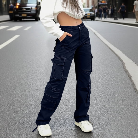 HongQid High Waisted Cargo Pants for Women Baggy Y2k Straight Wide Leg Pants with Pockets Streetwear