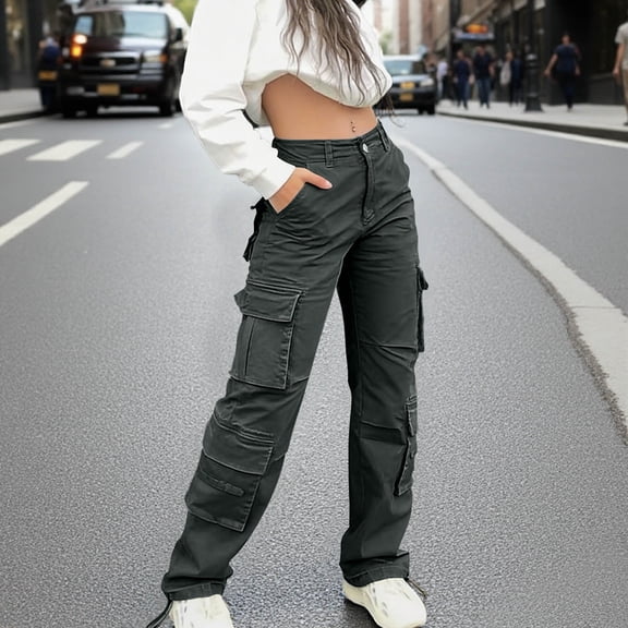 HongQid High Waisted Cargo Pants for Women Baggy Y2k Straight Wide Leg Pants with Pockets Streetwear