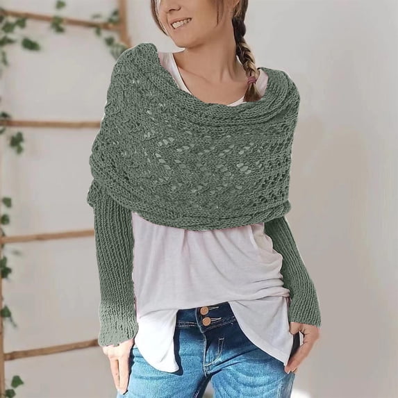 HongQid Knitted Cable Wrap Shawl with Sleeves, Multifunctional Scarf