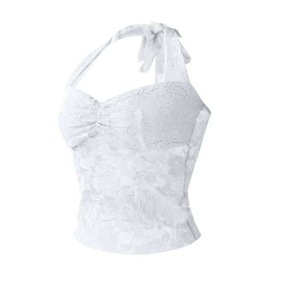 HongQid Lace Halter Tops for Women Y2K Sexy Tank Top Camisoles Shirts Cute Going Out Outfits Summer Trendy Tops White M