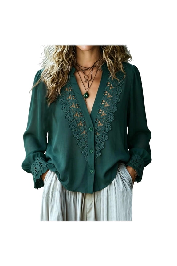 Lace Trim V Neck Long Sleeve for Women Button Down Chiffon Blouse Puff Cuff Casual Dressy Shirt