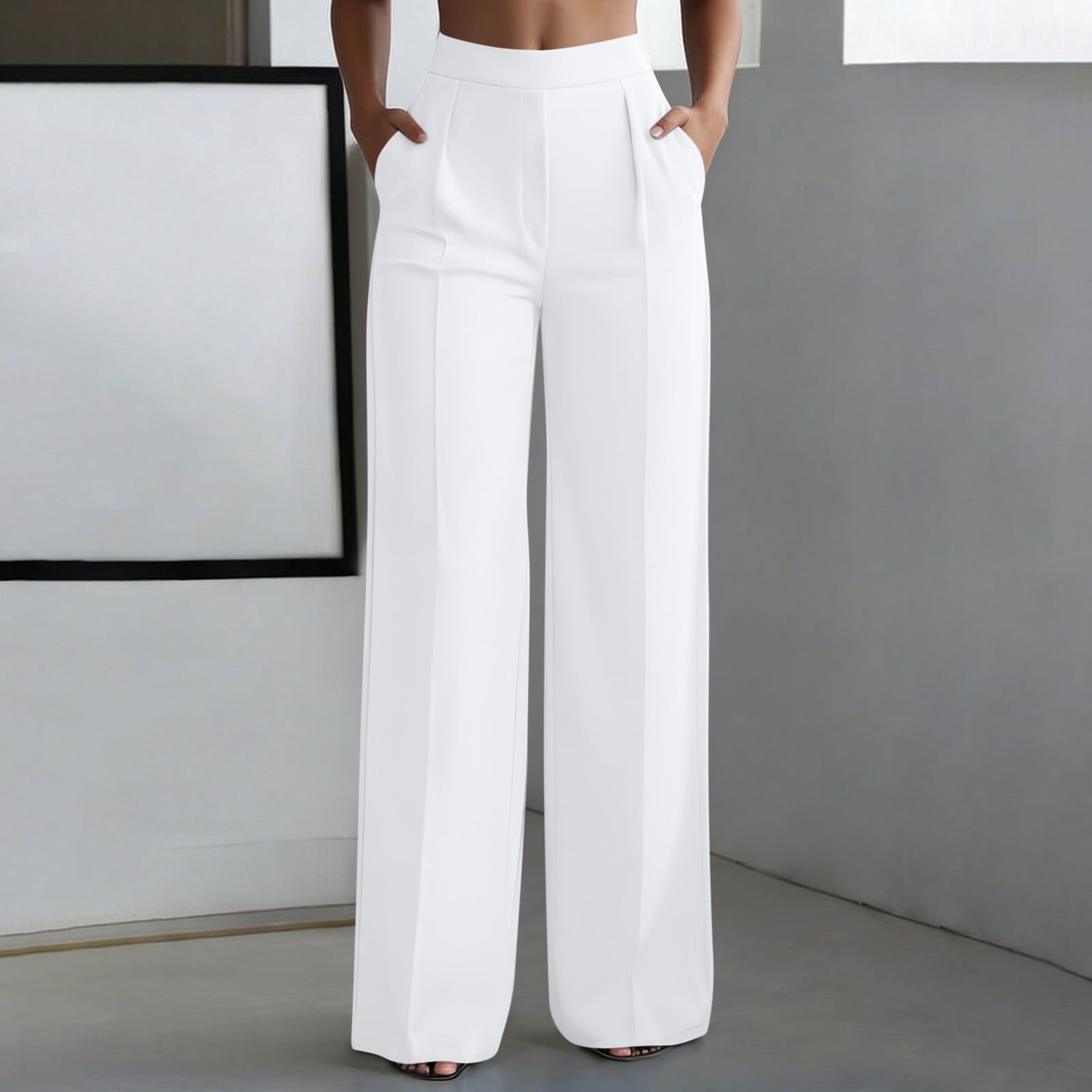 HongQid Ladies High Waist Wide Leg Pants Pleated Front Casual Dress Palazzo Trousers With Pockets for Women