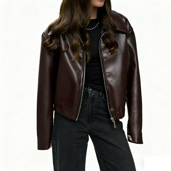 HongQid Leather Jacket Women Faux Oversized Motorcycle Bomber Coats Fall Fashion Outfits Winter Clothes