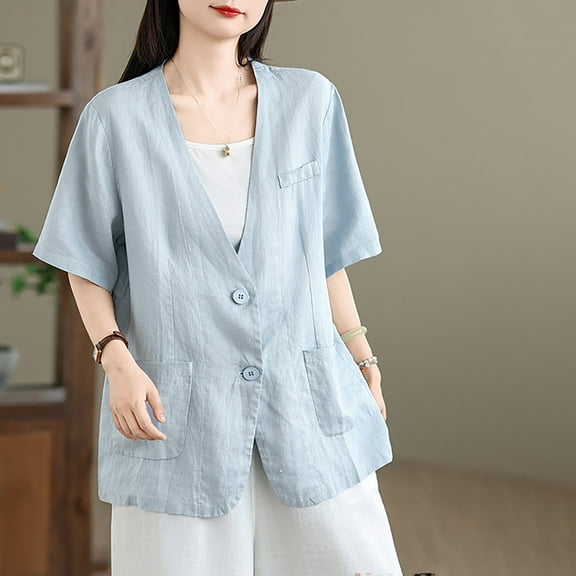 HongQid Linen Blazer Collarless for Women Casual Short Sleeve Spring Summer Fall Blazer Jackets