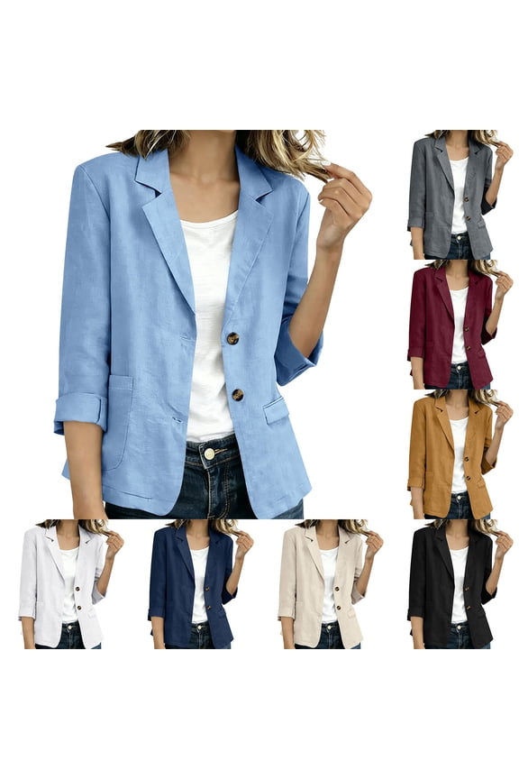 Linen Blend Blazer Jacket Notched Lapel Collar Dual Patch Pocket Two Button Rollable Three Quarter Cuff Loose Fit Lightweight Layering Outerwear for Women