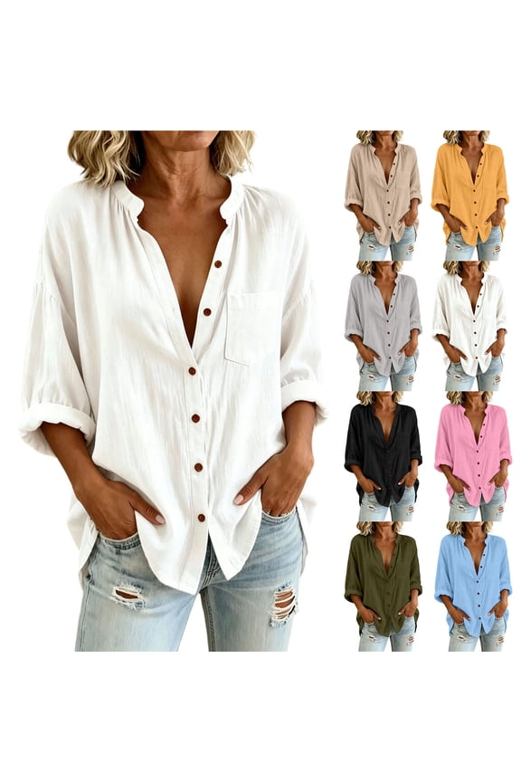 Linen Blend Button Down Shirt for Women Stand Mandarin Collar Button Single Chest Pocket Rollable Long Sleeve Loose Casual Tunic Blouse