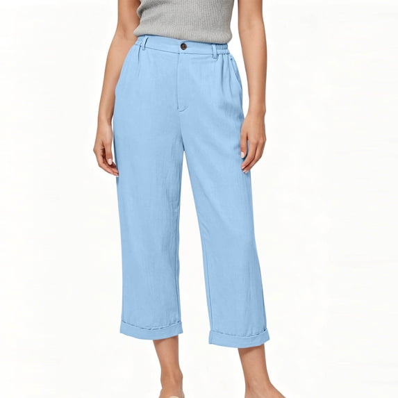 HongQid Linen Blend Cropped Pants Ladies High Waist Button Closure Casual Wide Leg Culottes With Cuffed Hem For Women,M