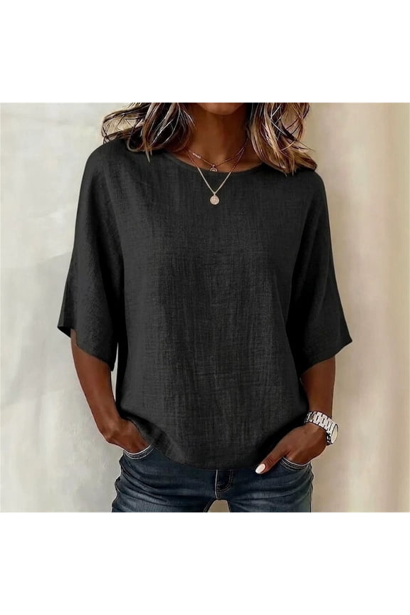 Linen Blend Tunic Tops For Women Round Neck Elbow Sleeve Casual Blouse Lightweight Loose Fit Shirts For Women