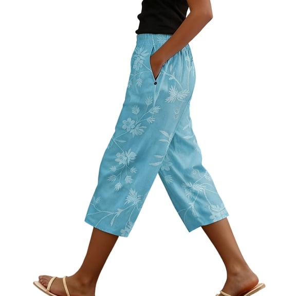 HongQid Linen Pants Women,Casual Straight Leg Capri Pants with Pockets Summer Beach Vacation Capri