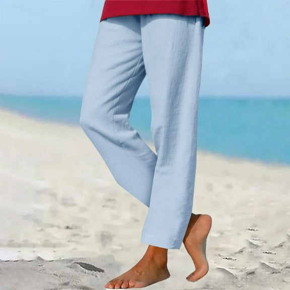 HongQid Linen Pants for Women Casual Beach Solid Color Loose Pants Elastic Waist Drawstring Trousers with Pocket