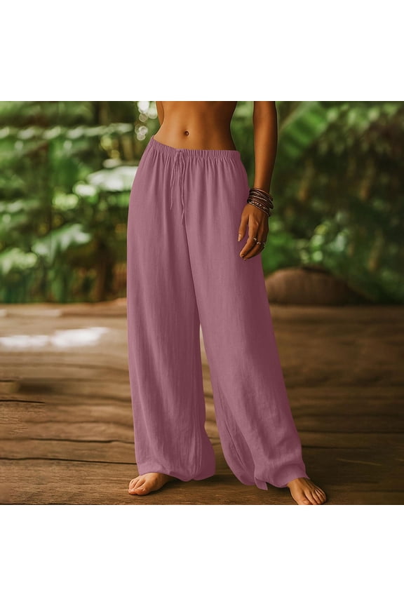 Linen Pants for Women Casual Elastic High Waist Flowy Wide Leg Pants Summer Beach Vacation Long with Pockets