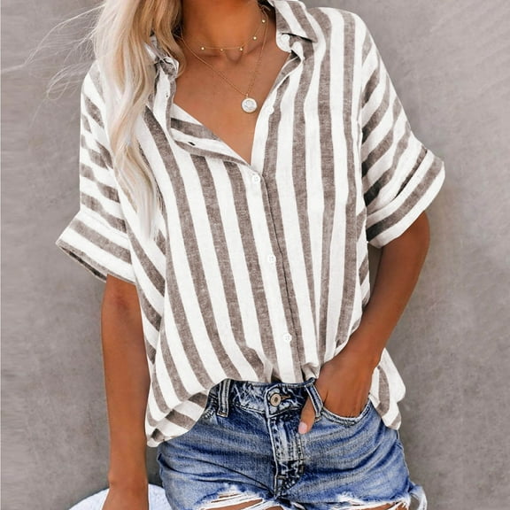 HongQid Linen Shirt for Women Button Down Striped Casual Short Sleeve Round Neck Summer Loose Tee Shirts Blouse