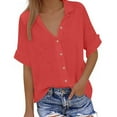 thumbnail image 1 of HongQid Linen Shirts for Women Button Down Short Sleeve Tops Cotton Solid Color Blouses Collared Button-up Beach Vacation Outfits, 1 of 6