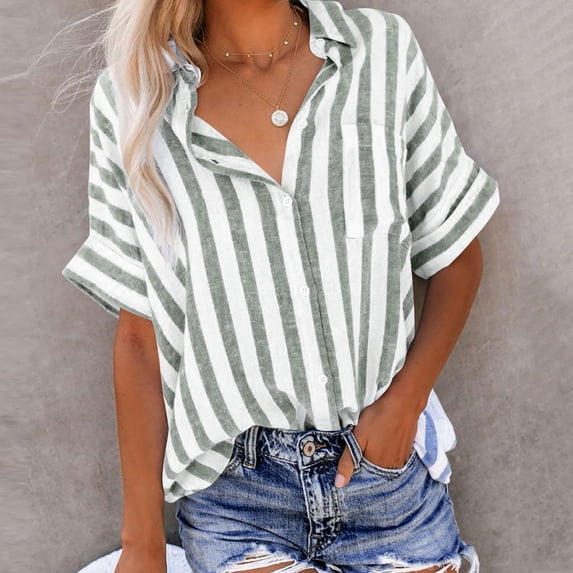 HongQid Linen Shirts for Women Button Down Short Sleeve Tops Cotton Striped Blouses Collared Button-up Beach Vacation Outfits