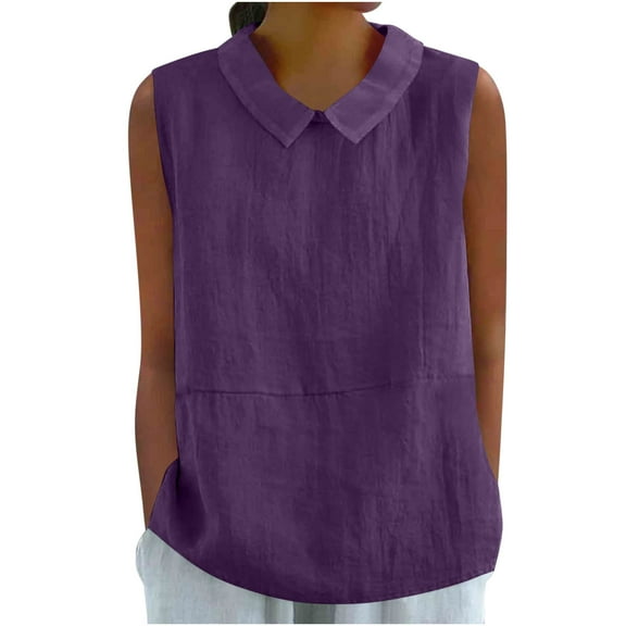 HongQid Linen Shirts for Women Sleeveless Tops Casual Collar Dressy Blouses Loose Tee Shirt