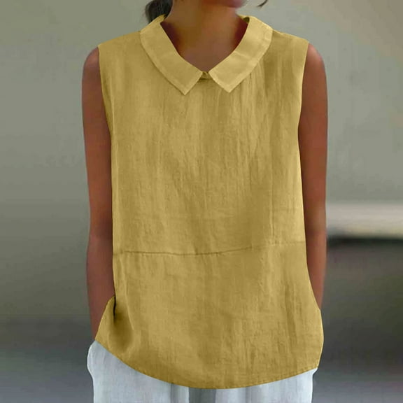 HongQid Linen Shirts for Women Sleeveless Tops Casual Collar Dressy Blouses Loose Tee Shirt