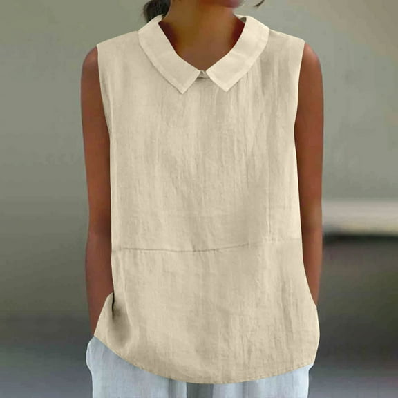 HongQid Linen Shirts for Women Sleeveless Tops Casual Collar Dressy Blouses Loose Tunic Tops