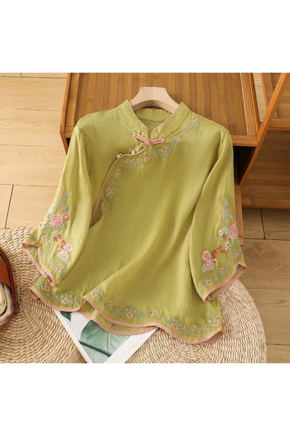 Linen Tops Summer 3/4 Sleeve Chinese Frog Blouses Traditional Mandarin Embroidered Jacquard Shirts