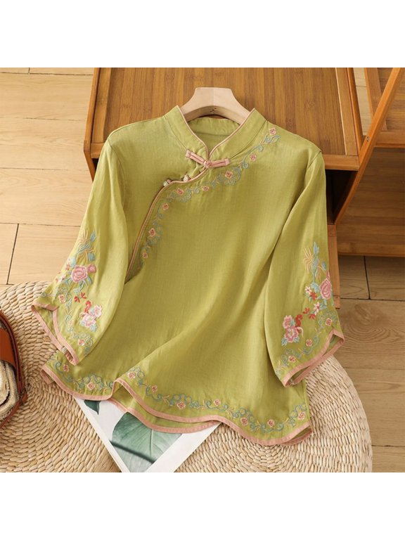 Linen Tops Summer 3/4 Sleeve Chinese Frog Blouses Traditional Mandarin Embroidered Jacquard Shirts