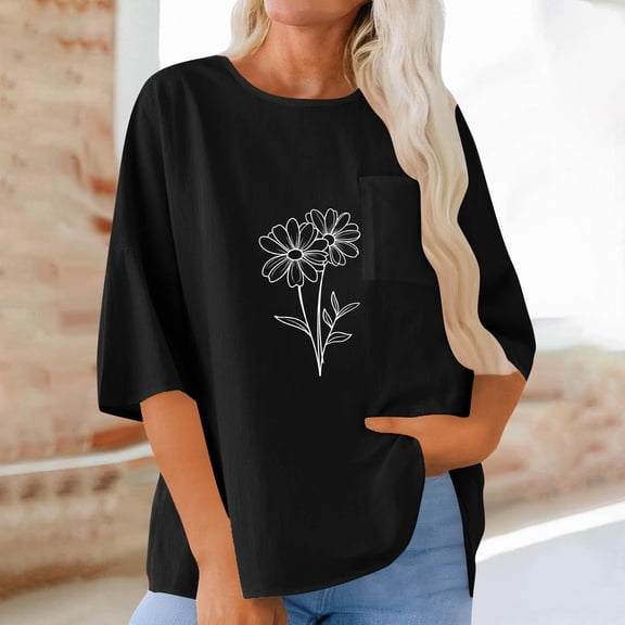 HongQid Linen Tops for Women Oversized Graphic Tees 3/4 Sleeve Print Loose Fit Summer Casual Cotton T Shirts with Pockets