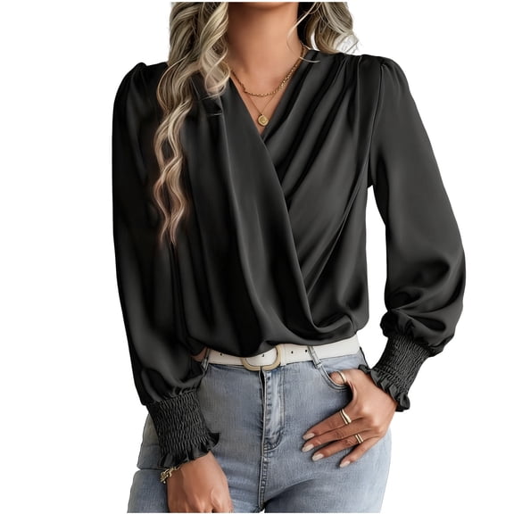HongQid Long Sleeve Blouses for Women Dressy Casual, Chiffon Wrap Tops Work Shirts, Spring Fall Business Outfits