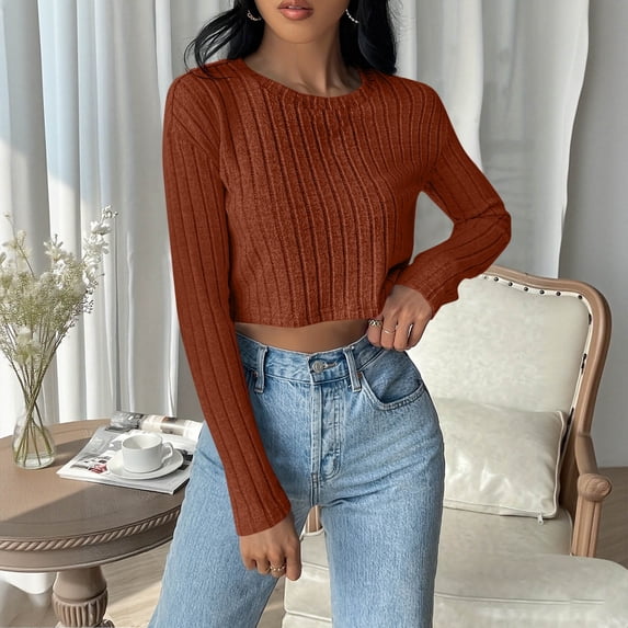 HongQid Long Sleeve Cropped Shirts for Women Fall Clothes Tunic Tops Loose Fit Dressy Crewneck Pullover Sweaters