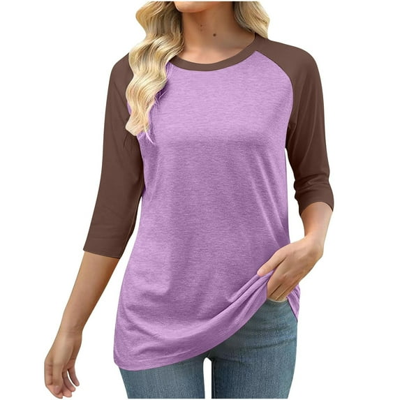 HongQid Long Sleeve Shirts for Women Color Block Raglan Tops Casual Crewneck Basic Tees Fall Clothes Fashion