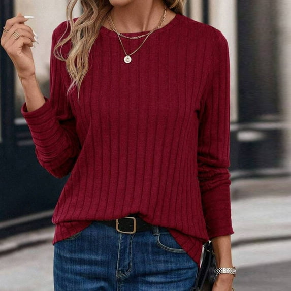 HongQid Long Sleeve Shirts for Women Fall Clothes Tunic Tops Loose Fit Dressy Crewneck Pullover Sweaters