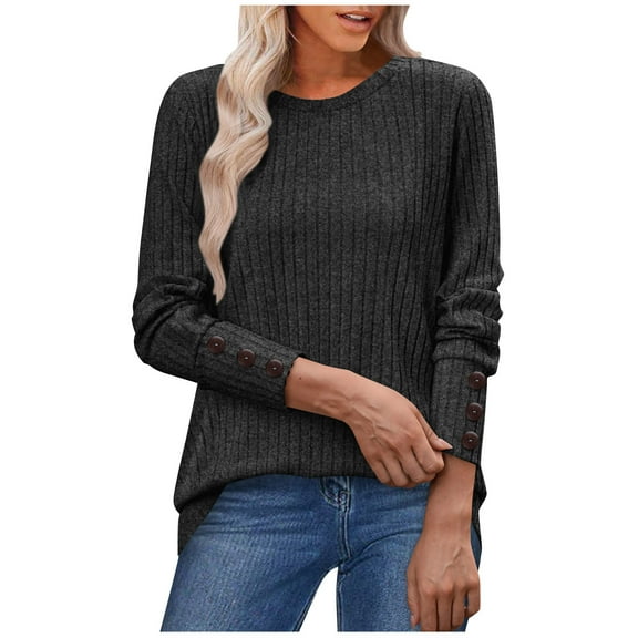 HongQid Long Sleeve Shirts for Women Fall Clothes Tunic Tops Loose Fit Dressy Crewneck Pullover Sweaters