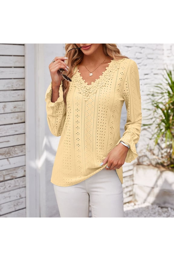 Long Sleeve Tops for Women Eyelet Scalloped Lace V Neck Blouse Casual Loose Fashion Shirts