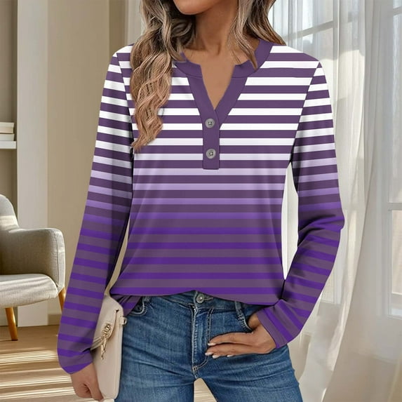 HongQid Long Sleeve Tops for Women Henley Raglan Notched V Neck Striped T Shirts Button Shirts Womens Blouses
