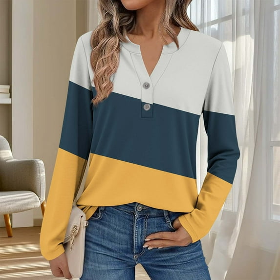 HongQid Long Sleeve Tops for Women Henley Raglan Notched V Neck T Shirts Button Shirts Womens Blouses