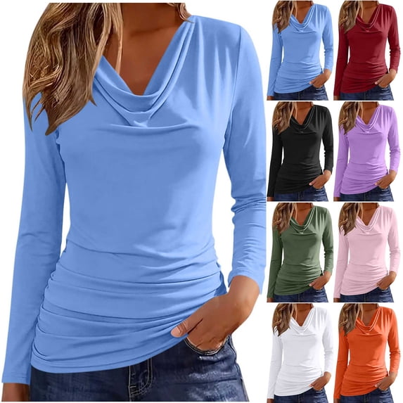 HongQid Long Sleeve Tunic Top Draped Cowl Neck & Side Ruched Detail Slim Fit Stretchy Shirt Casual Layering Blouse Soft for Women