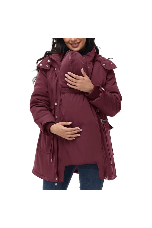 Maternity 3 in 1 Winter Coat Thicken Quilted Lined Warm Hooded Outwear Puffer Down Jacket Parka with Pockets