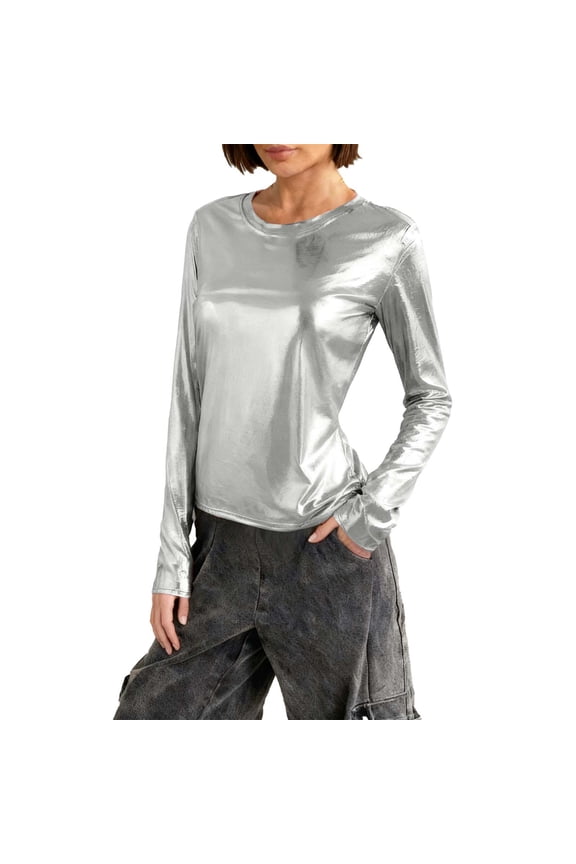 Metallic Shirts for Women's Sparkly Disco Party Shiny Tops Long Sleeve Round Neck Tee