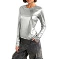 thumbnail image 1 of HongQid Metallic Shirts for Women's Sparkly Disco Party Shiny Tops Long Sleeve Round Neck Tee, 1 of 7