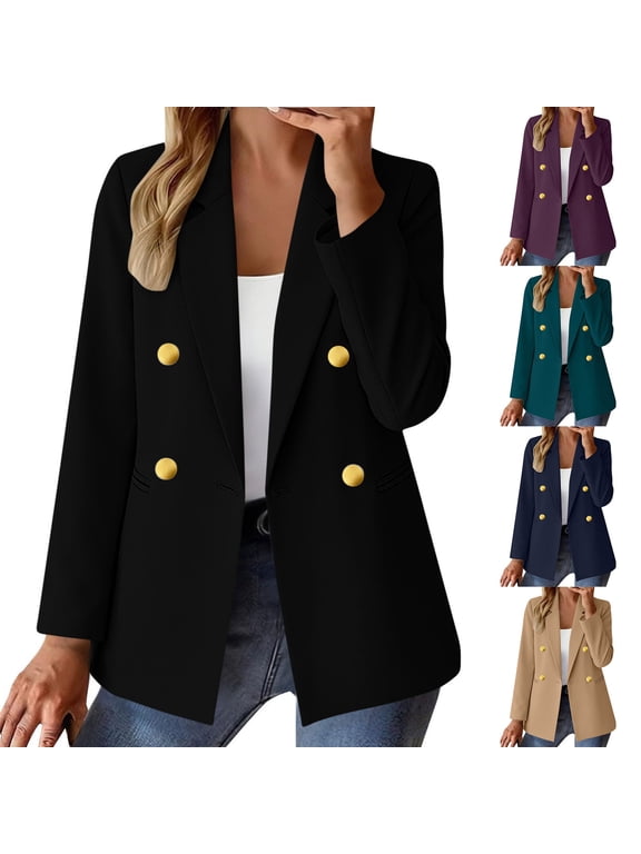 Notched Lapel Blazer Jacket Ladies Double Breasted Gold Button Loose Fit Long Sleeve Casual Office Suit Coat for Women