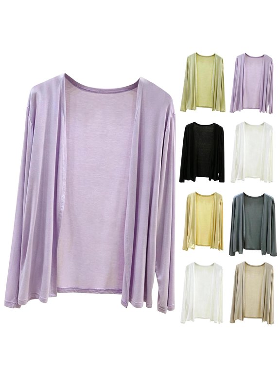 Open Front Long Sleeve Knit Cardigan for Women Lightweight Thin Layering Jacket Solid Color Loose Casual Beach Cover Up Sweater Tops