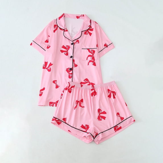 HongQid Pajamas Silk PJS Set Pink Bow Satin Sleepwear Short Sleeve Jammies for Women Button-Down Nightwear