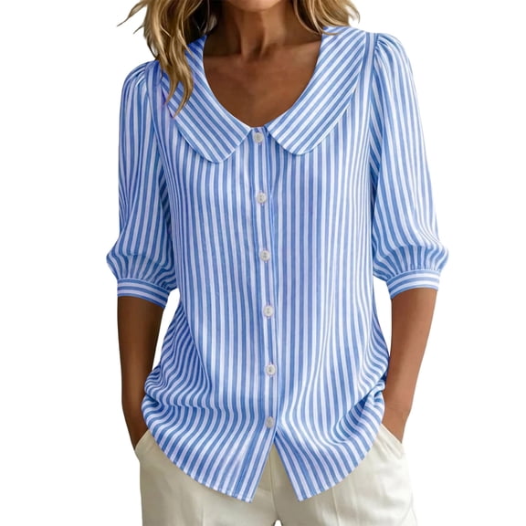 HongQid Peter Pan Collar Striped Blouses Puff 3/4 Sleeve Button Down Summer Spring Casual Work Shirts For Women