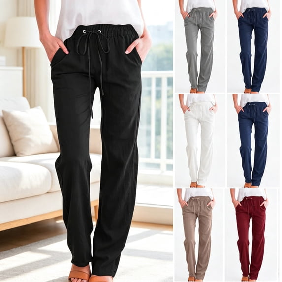 HongQid Petite Straight Leg Pants Ladies Elastic Drawstring High Waist Casual Trousers Side Hand Pockets Soft Woven Daily Pants for Women