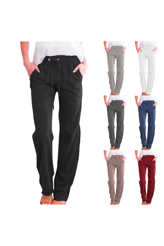 Petite Straight Leg Pants Ladies Elastic Drawstring High Waist Casual Trousers Side Hand Pockets Soft Woven Daily Pants for Women