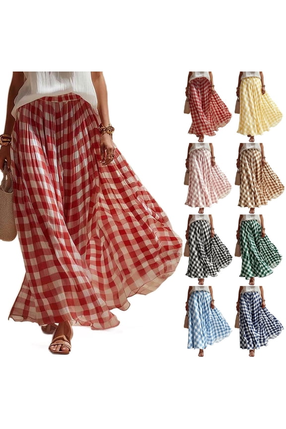 Plaid Gingham Maxi Skirt Pleated High Waist Flowy Casual A Line Summer Skirt for Women