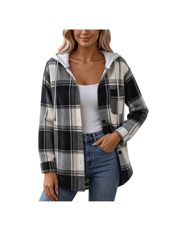Plaid Hooded Shacket for Women | Button Front Flannel Plaid Shirt Jacket with Lined Hood and Pockets, Lightweight Plaid Outer Layer, Trendy Fall Winter Clothing Ladies Plaid Hooded Coat