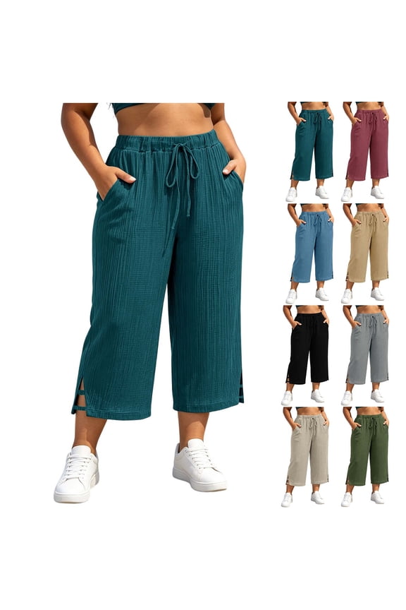 Plus Size Capri Pants for Women Textured Drawstring Wide Leg Side Slit Cropped Culotte Trousers Deep Side Pockets Summer Casual Bottoms