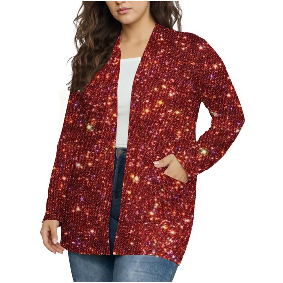 HongQid Plus Size Cardigan for Women Shimmer Glitter Open Front Cardigans Long Sleeve Tops