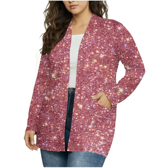 HongQid Plus Size Cardigan for Women Shimmer Glitter Open Front Cardigans Long Sleeve Tops