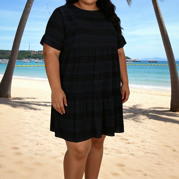 HongQid Plus Size Casual Dresses for Curvy Women Summer Short Sleeve T-Shirt Swing Mini Dress Striped