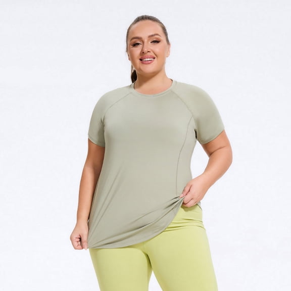 HongQid Plus Size Fitness Short Sleeve Tops for Women Athletic Shirts Loose Fit Yoga Running Clothing Tees